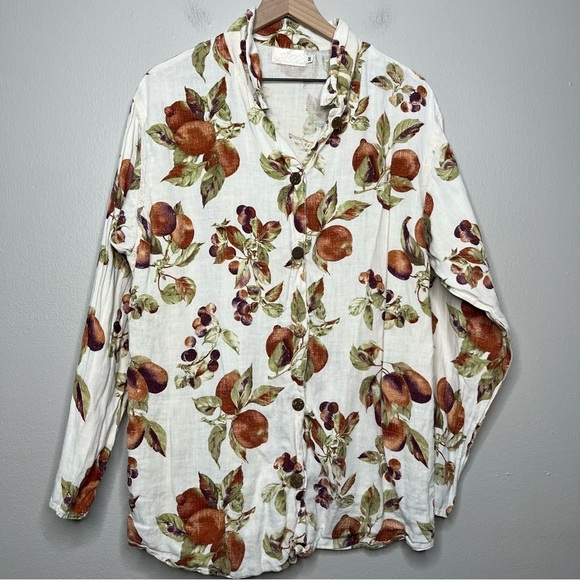 SFCC Women 100% Linen Top Medium White Peaches Novelty Button Down Coastal Tunic - Picture 1 of 8